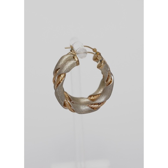 Vintage 14k Solid Yellow Gold Sterling Silver Hoop Earrings - Wire Braid Twist